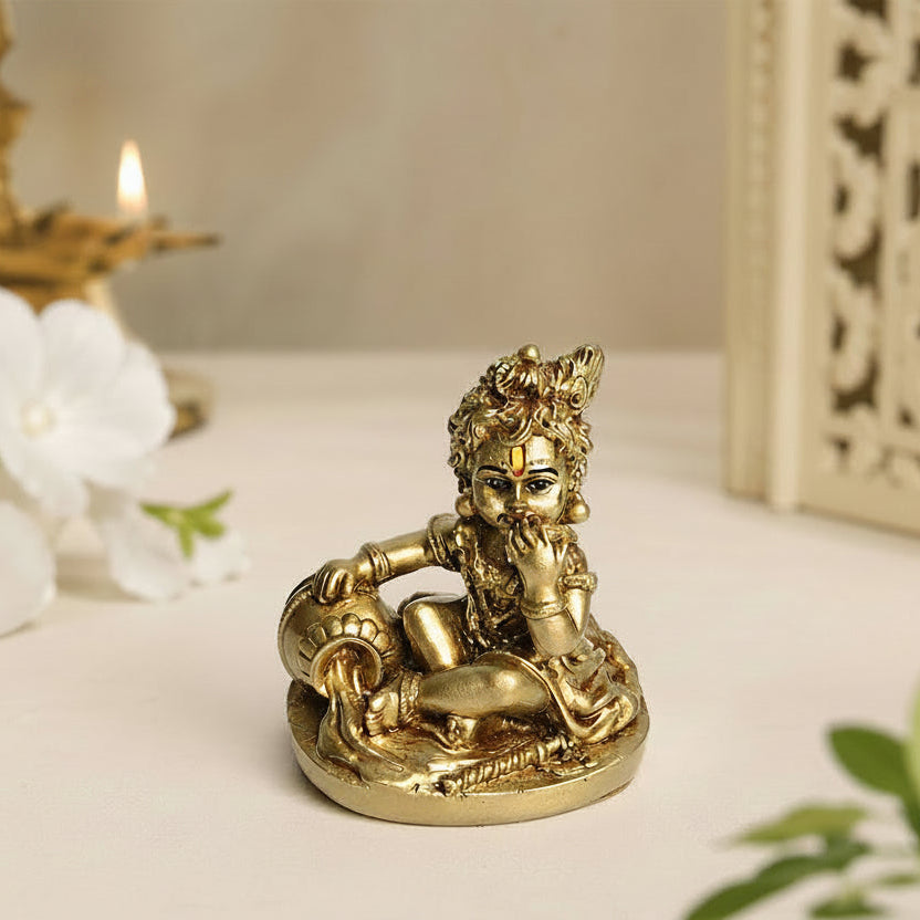 Baby Krishna (Makhan Chor) Antique Gold Finish Polyresin Idol