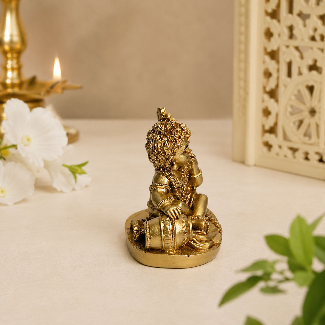Baby Krishna (Makhan Chor) Antique Gold Finish Polyresin Idol