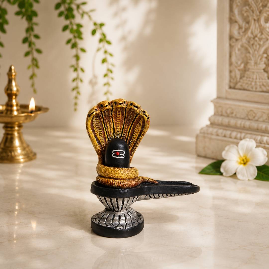 Shiv Ling with Sheshnag Idol – Antique Gold Polymarble Statue for Home Altar & Spiritual Devotion