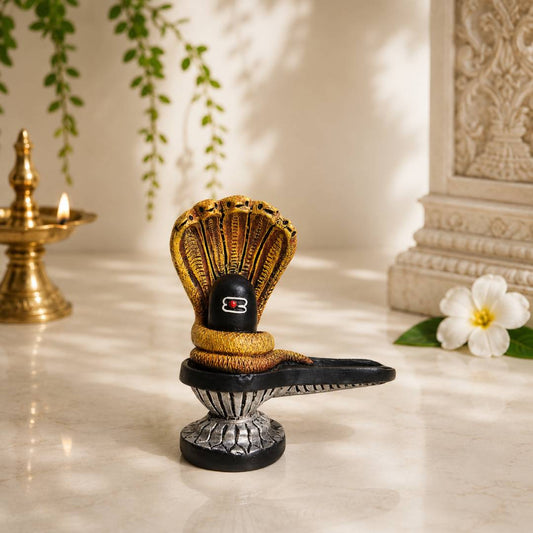 Shiv Ling with Sheshnag Idol – Antique Gold Polymarble Statue for Home Altar & Spiritual Devotion