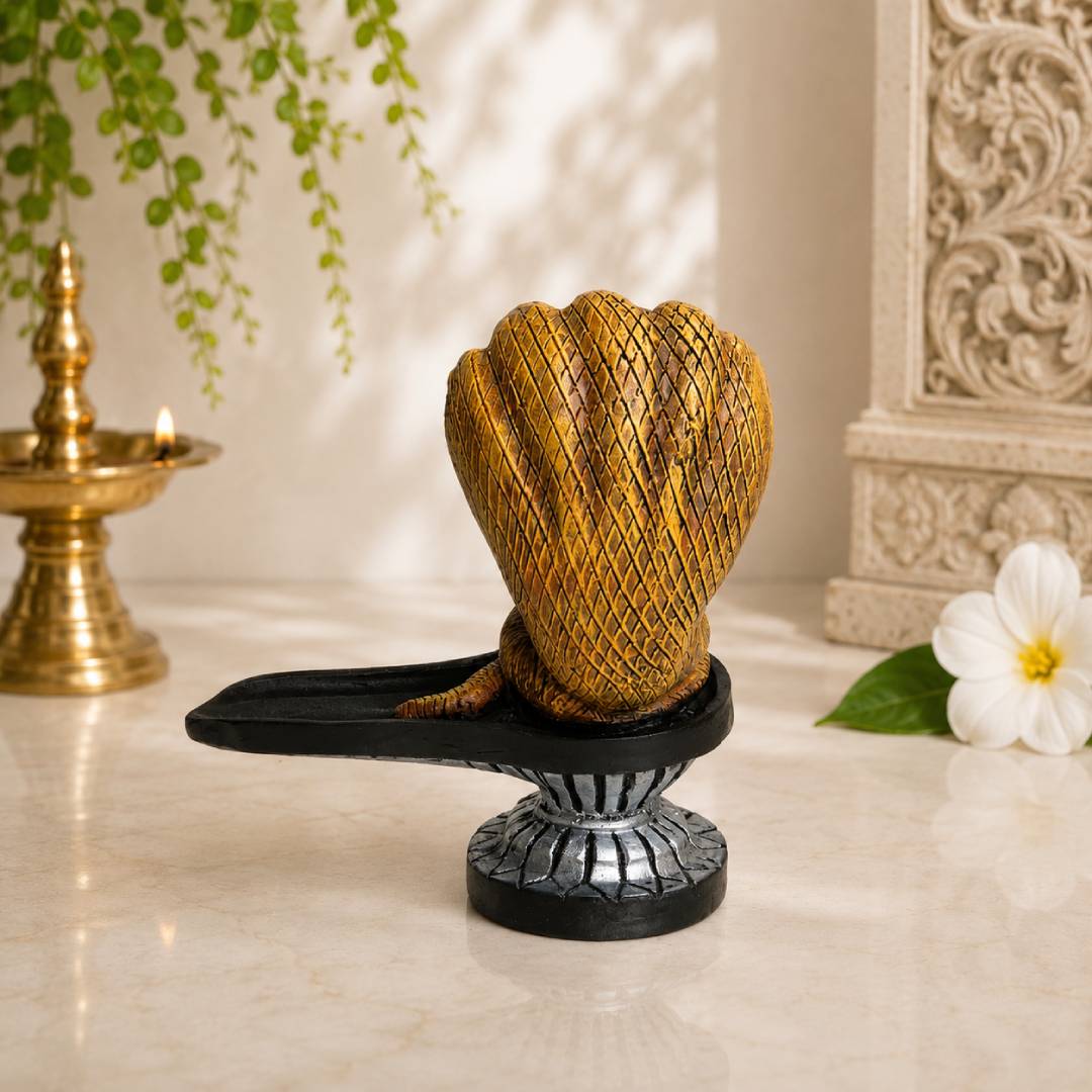 Shiv Ling with Sheshnag Idol – Antique Gold Polymarble Statue for Home Altar & Spiritual Devotion