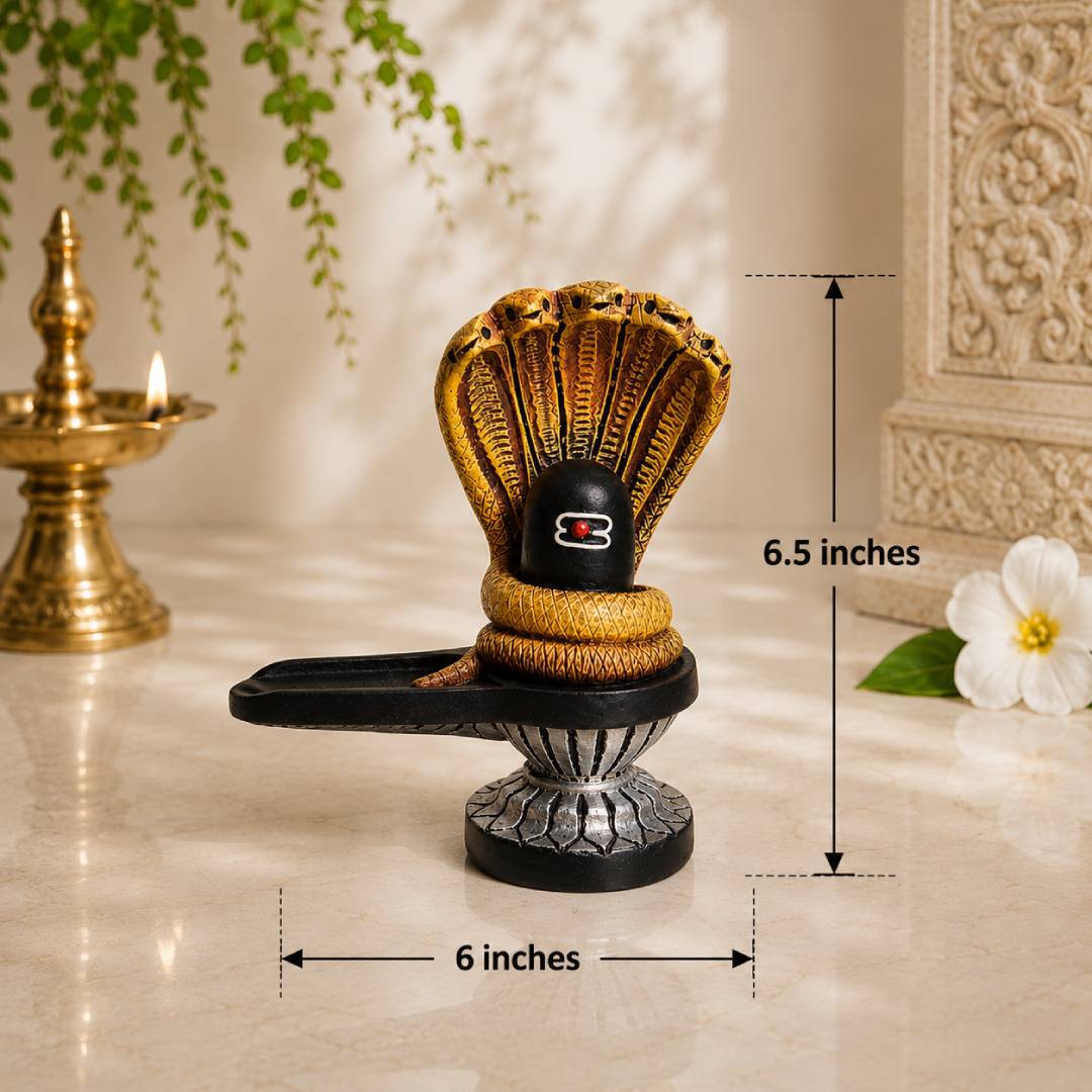 Shiv Ling with Sheshnag Idol – Antique Gold Polymarble Statue for Home Altar & Spiritual Devotion