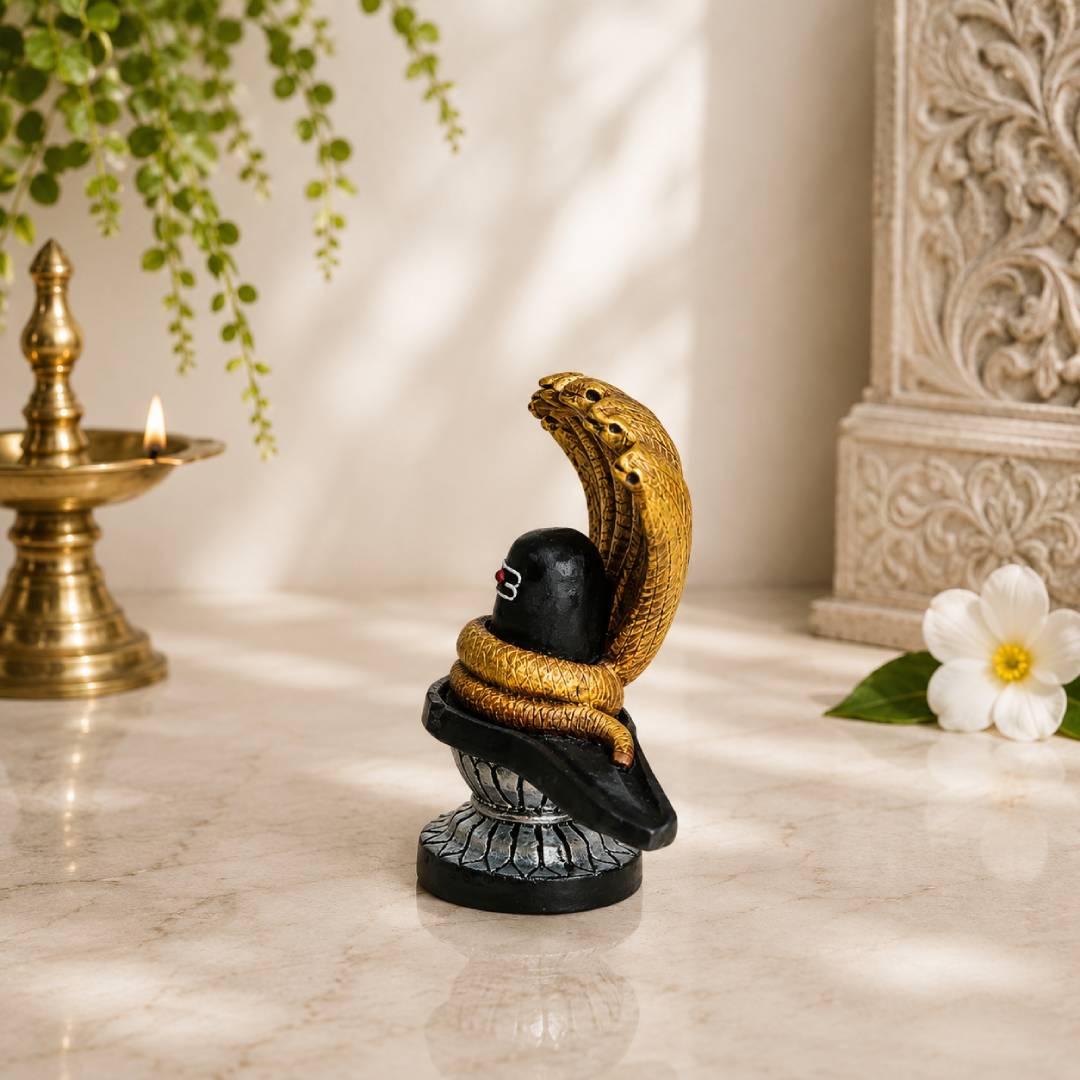 Shiv Ling with Sheshnag Idol – Antique Gold Polymarble Statue for Home Altar & Spiritual Devotion