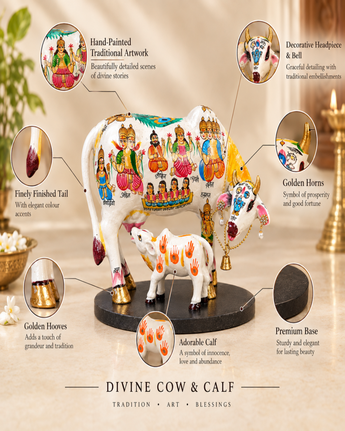 Hand-Painted Kamadhenu Cow with Calf – Traditional Indian Art