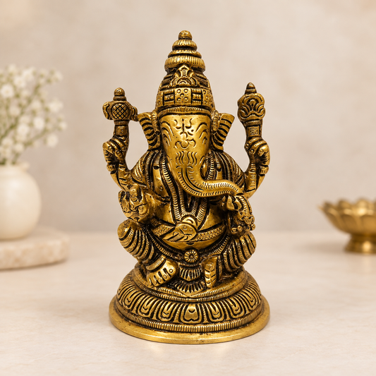 Antique Brass Ganesha Idol – Intricately Carved Traditional Ganesh Statue