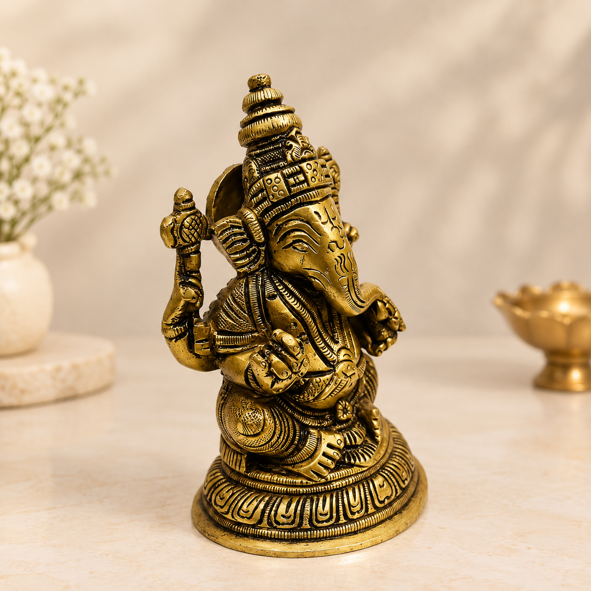 Antique Brass Ganesha Idol – Intricately Carved Traditional Ganesh Statue