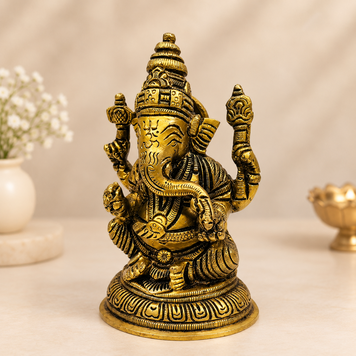Antique Brass Ganesha Idol – Intricately Carved Traditional Ganesh Statue