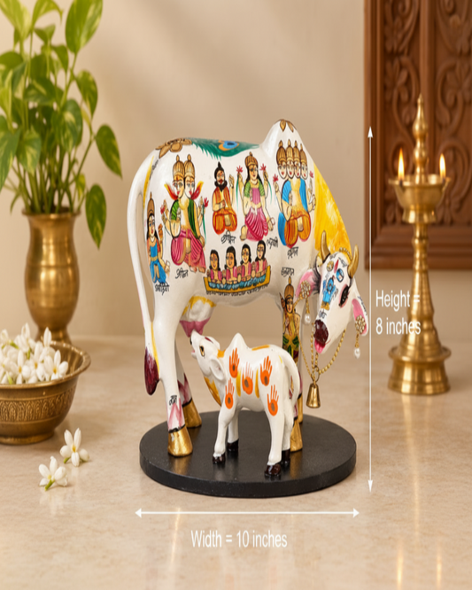 Hand-Painted Kamadhenu Cow with Calf – Traditional Indian Art