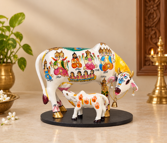 Hand-Painted Kamadhenu Cow with Calf – Traditional Indian Art
