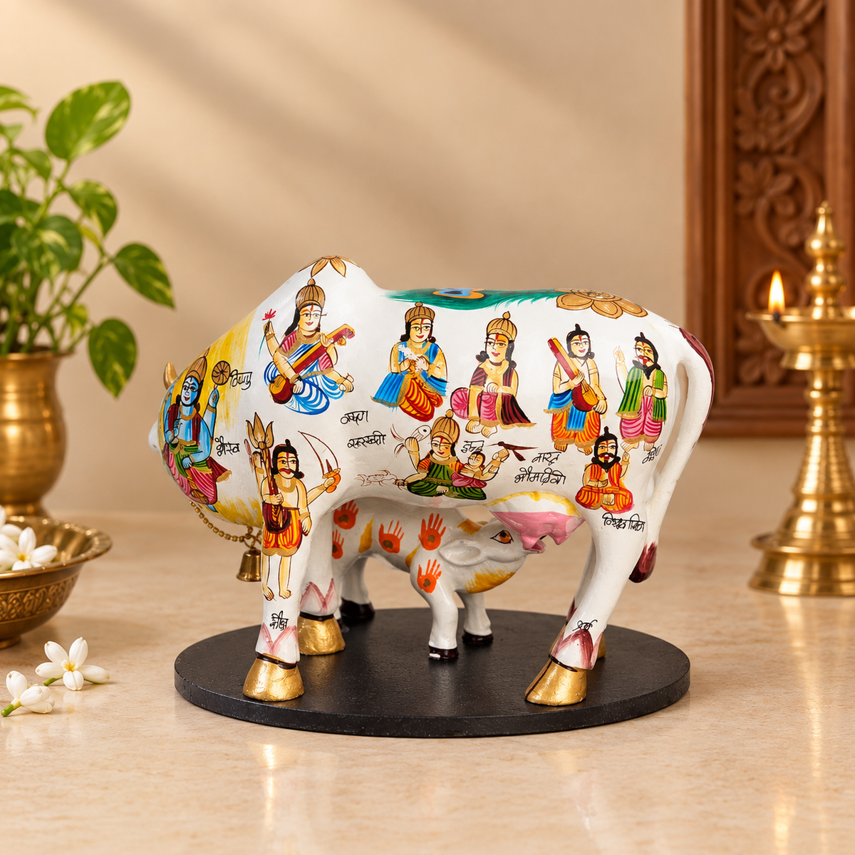 Hand-Painted Kamadhenu Cow with Calf – Traditional Indian Art