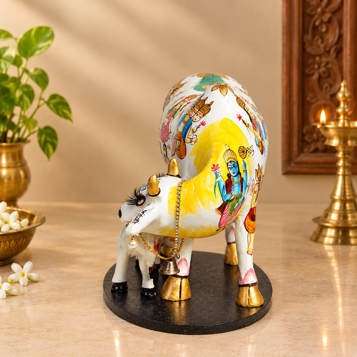 Hand-Painted Kamadhenu Cow with Calf – Traditional Indian Art