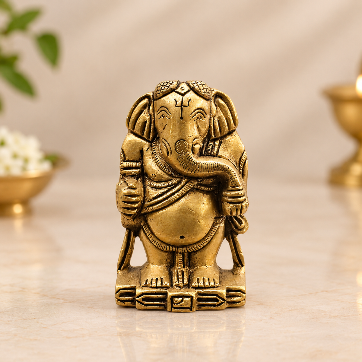 Antique Brass Standing Ganesha Idol – Traditional Miniature Ganpati Statue