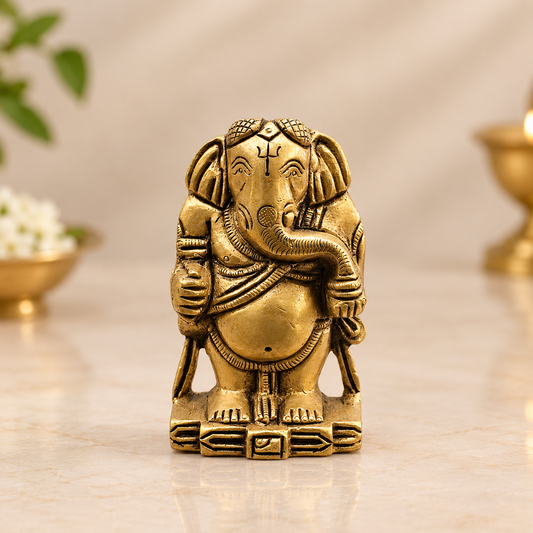Antique Brass Standing Ganesha Idol – Traditional Miniature Ganpati Statue