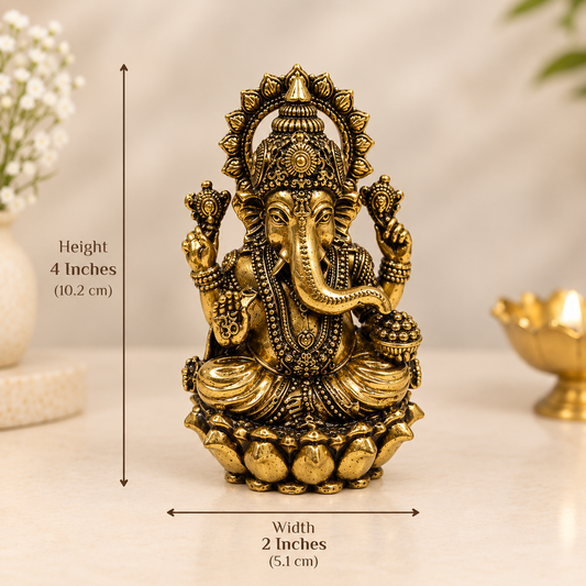 Antique Brass Ganesha Idol – Intricately Detailed Lotus Base Ganesh Statue