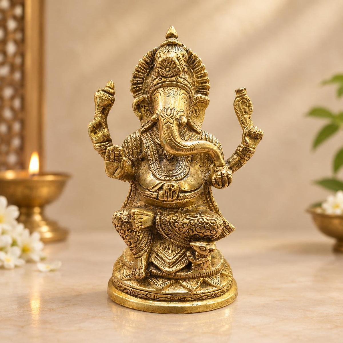 Premium Brass Ganesha Idol – Intricately Detailed Seated Ganpati Statue