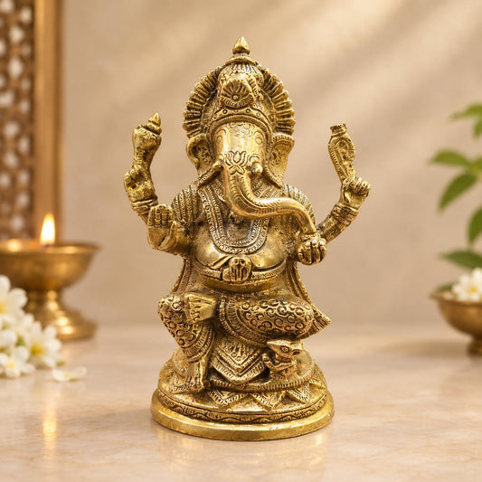 Premium Brass Ganesha Idol – Intricately Detailed Seated Ganpati Statue