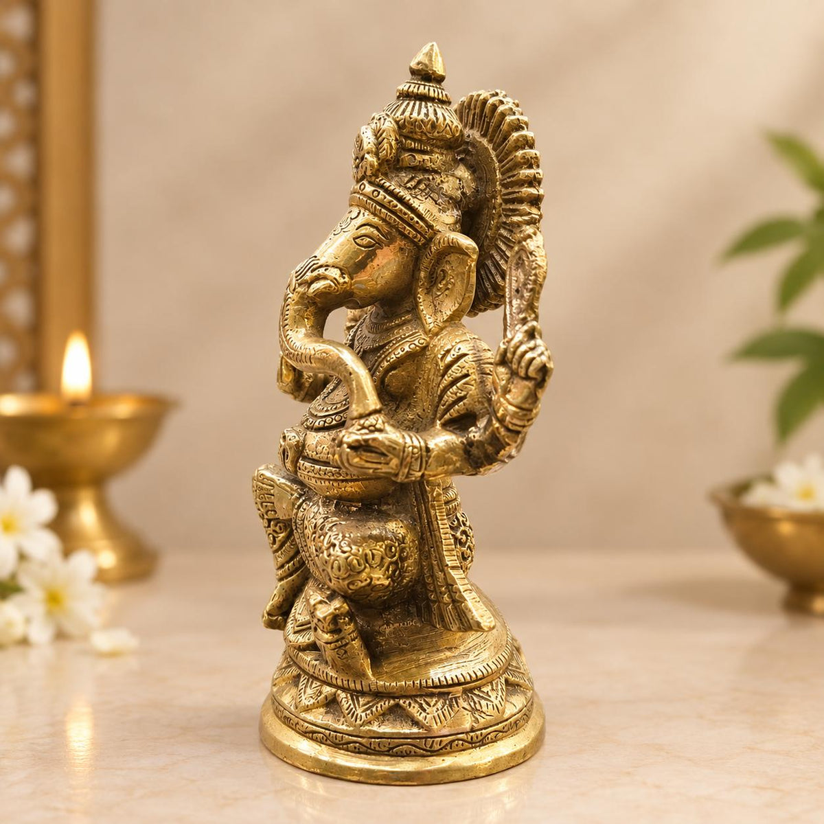 Premium Brass Ganesha Idol – Intricately Detailed Seated Ganpati Statue