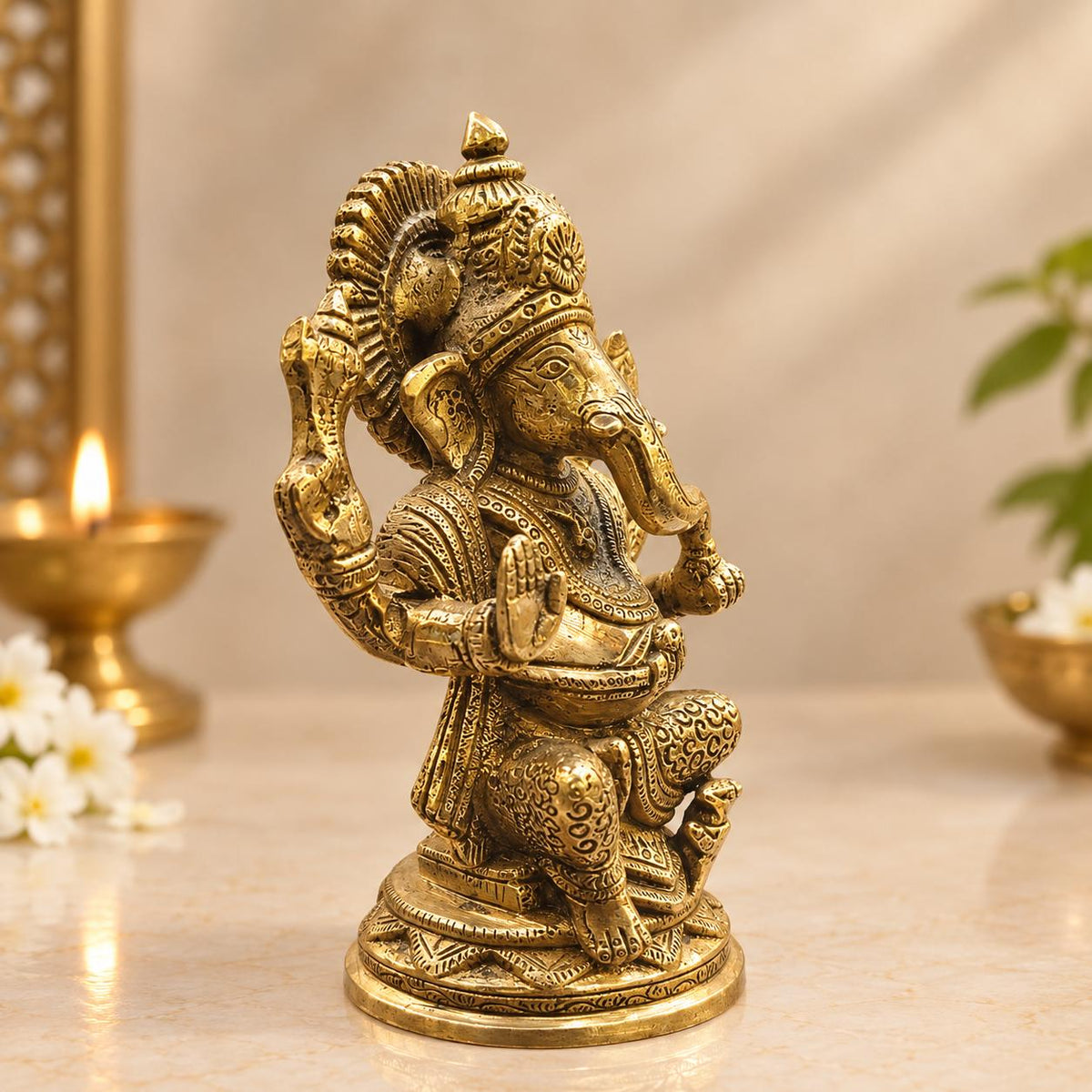 Premium Brass Ganesha Idol – Intricately Detailed Seated Ganpati Statue