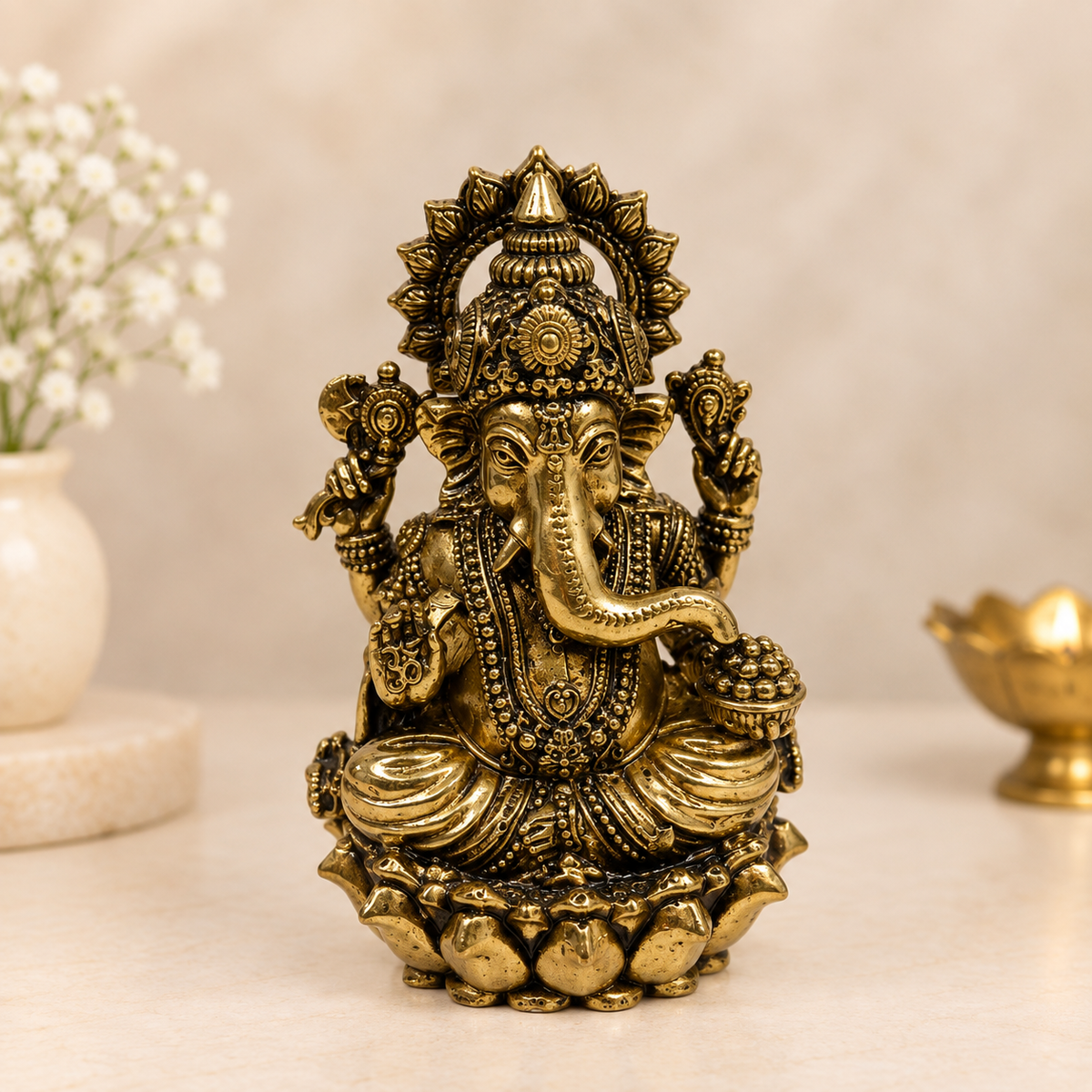 Antique Brass Ganesha Idol – Intricately Detailed Lotus Base Ganesh Statue
