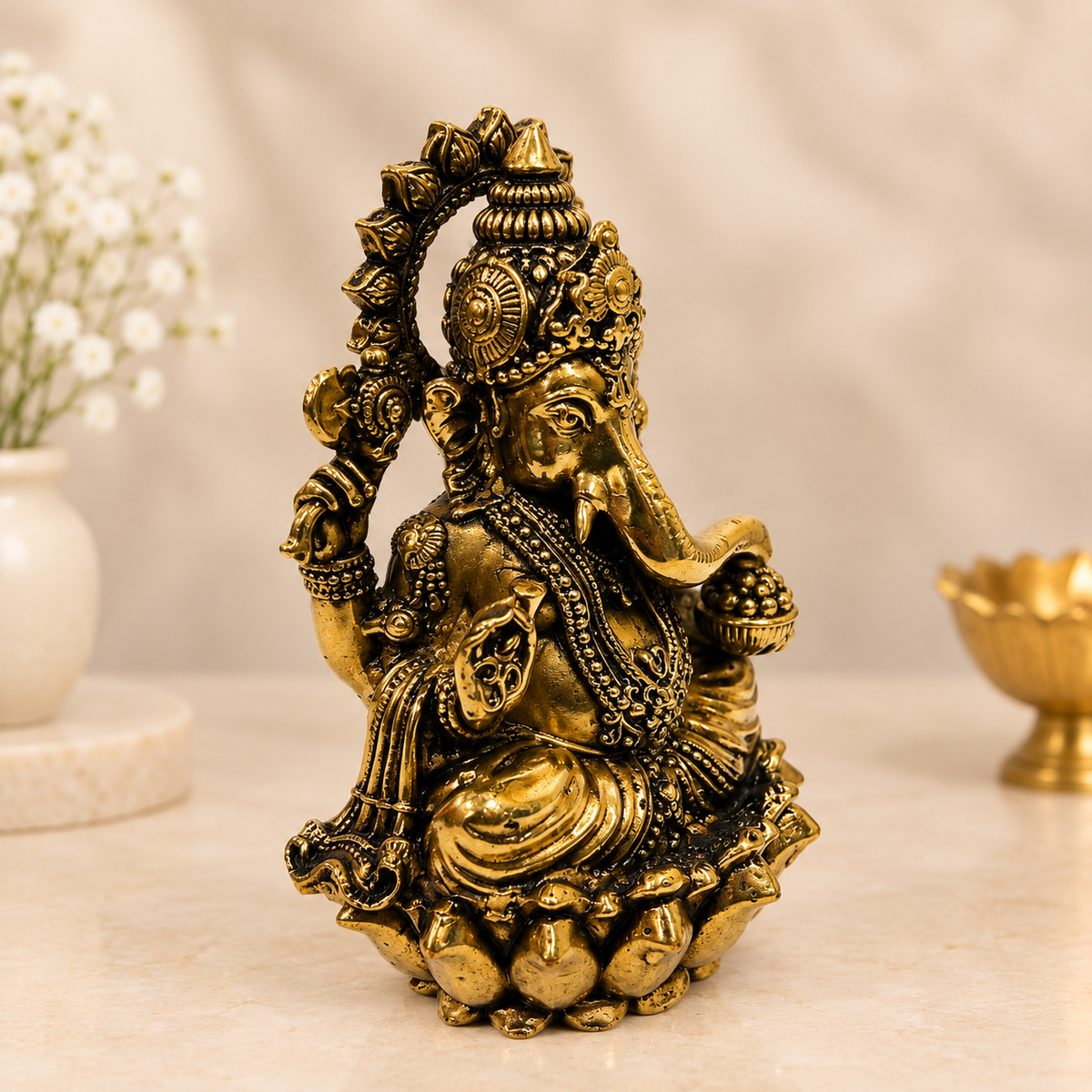 Antique Brass Ganesha Idol – Intricately Detailed Lotus Base Ganesh Statue