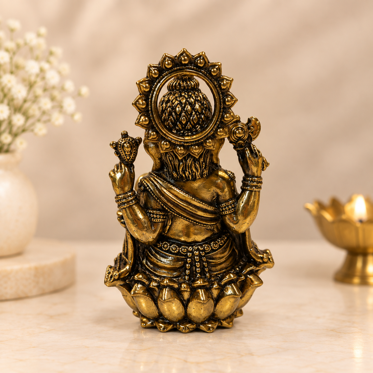 Antique Brass Ganesha Idol – Intricately Detailed Lotus Base Ganesh Statue