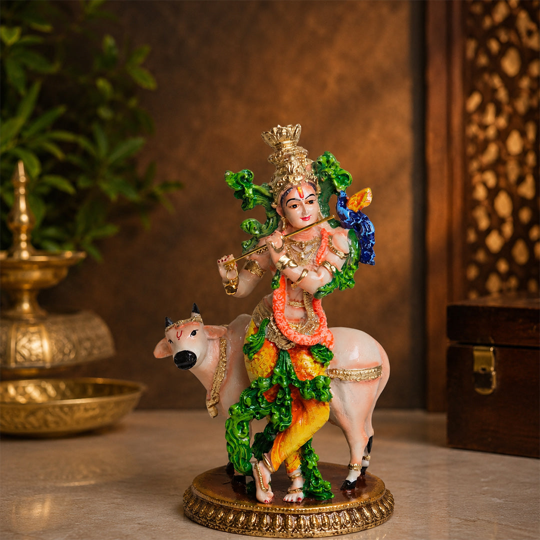 Lord Krishna with Sacred Cow – Premium Handcrafted Polymarble Idol