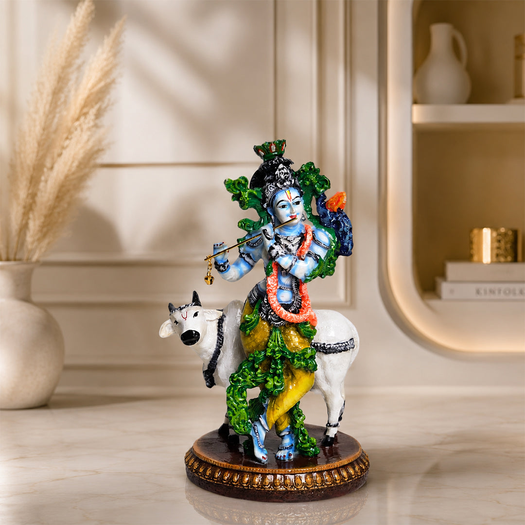 Lord Krishna with Sacred Cow – Premium Handcrafted Polymarble Idol
