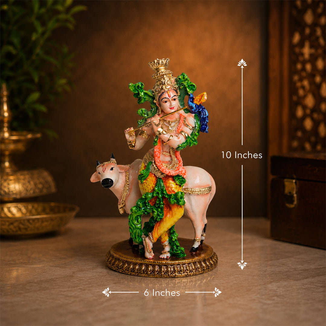 Lord Krishna with Sacred Cow – Premium Handcrafted Polymarble Idol