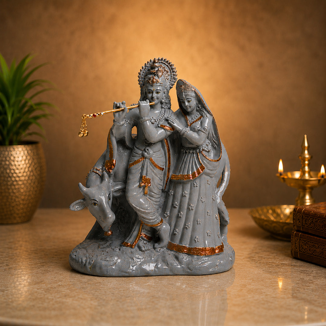 Radha Krishna Idol with Holy Cow