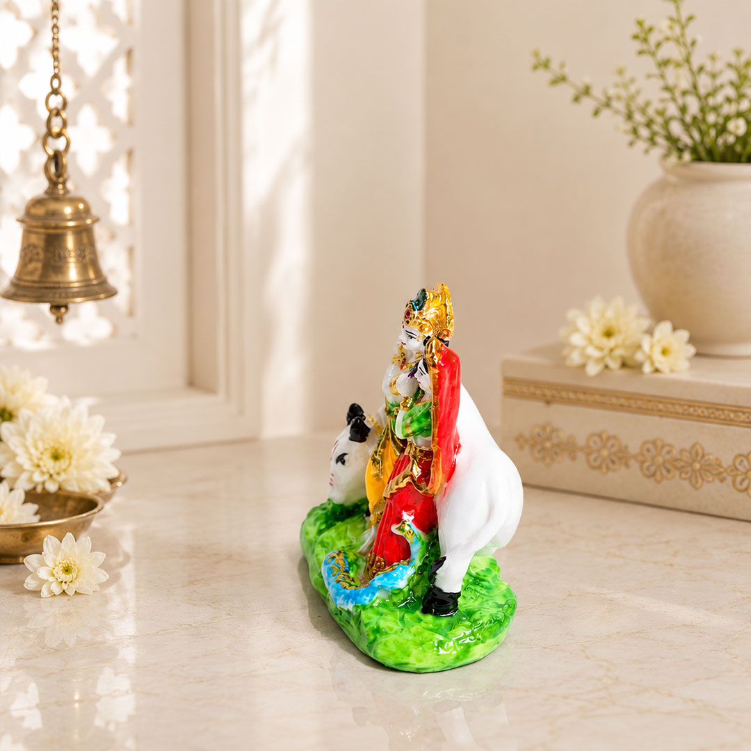Radha Krishna with Sacred Cow Premium Polymarble Idol