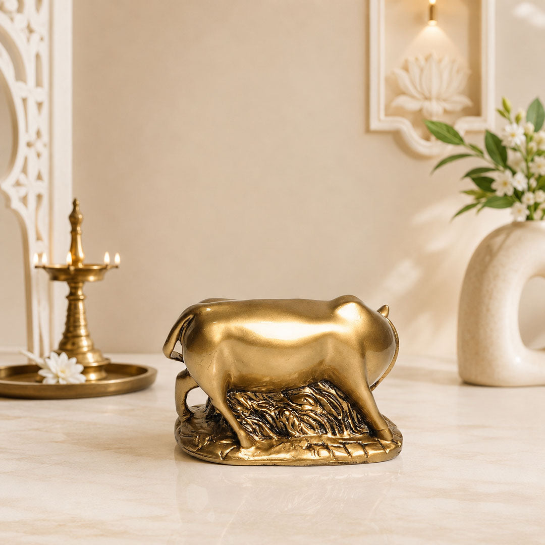 Gau Mata (Holy Cow) Golden & Calf Premium Polymarble Idol