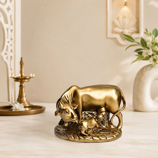 Gau Mata (Holy Cow) Golden & Calf Premium Polymarble Idol