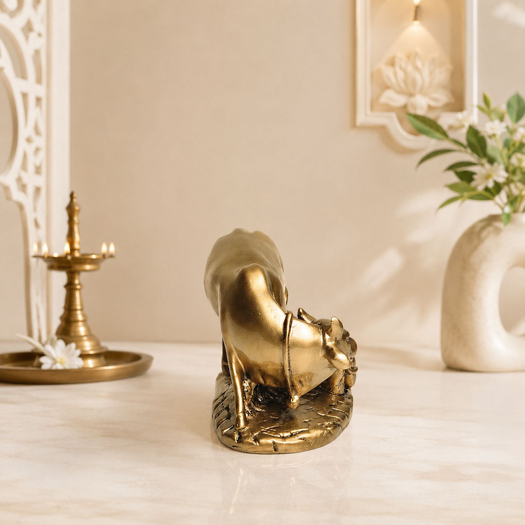 Gau Mata (Holy Cow) Golden & Calf Premium Polymarble Idol